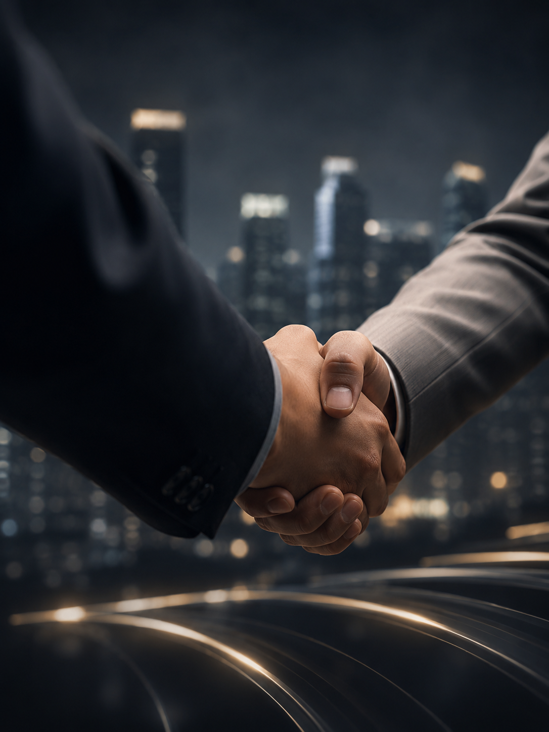 Ashoka Group partnership handshake in front of a city skyline